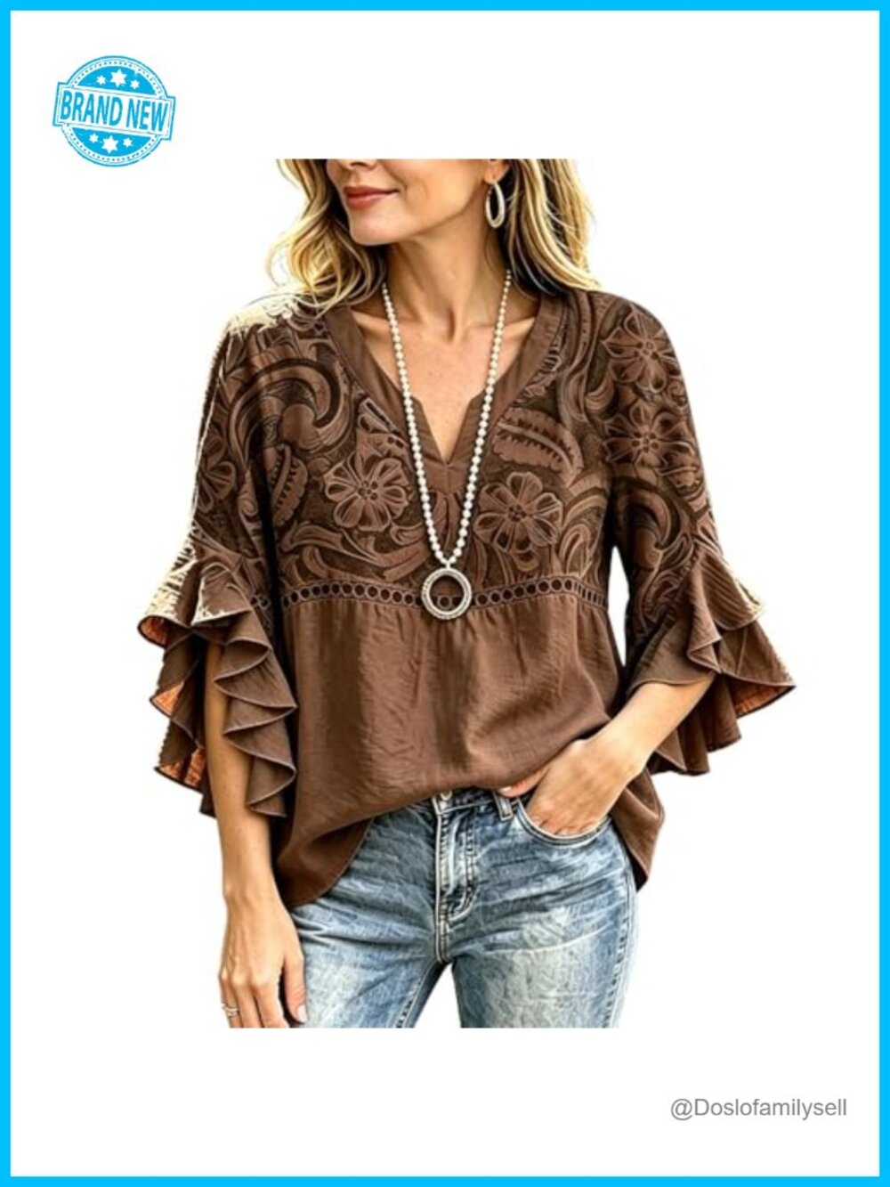 Boho Floral Hollow Out Ruffle Sleeve V-Neck Blouse